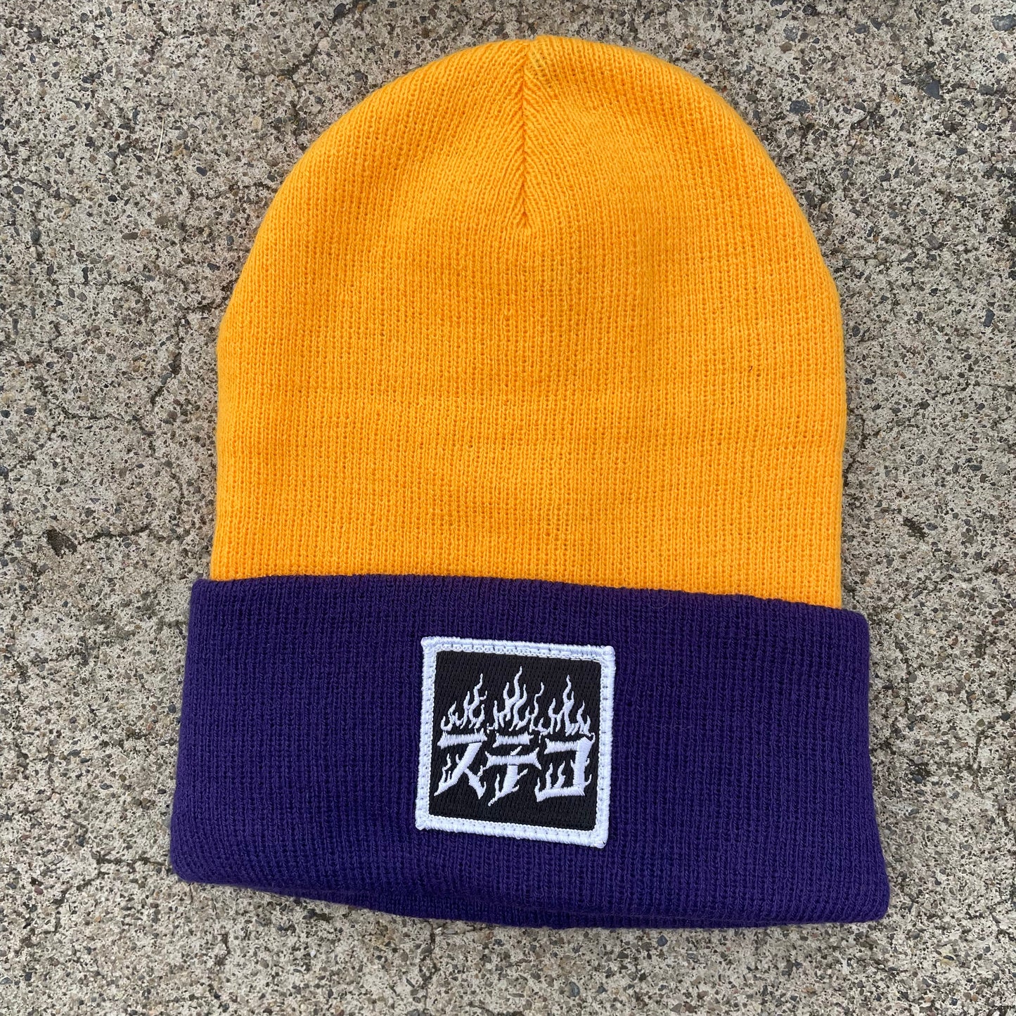 Patches Knit Beanie - Gold Purple