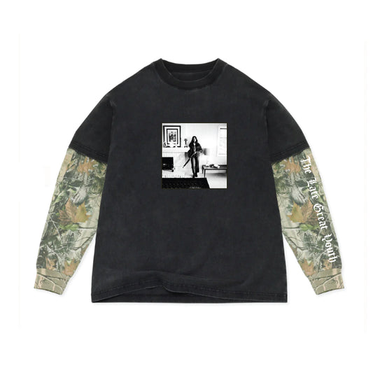 Black long-sleeve shirt with camouflage sleeves and a graphic print 